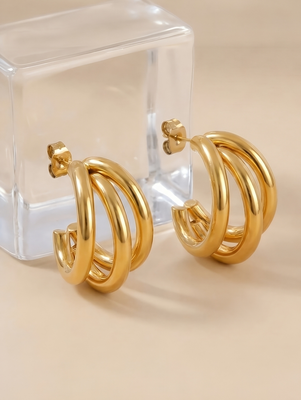 18K Gold Plated Stainless Steel Triple C-Hoop Earrings Modern Layered Studs 0.8"